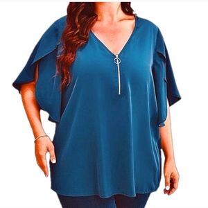 NWOT! Teal O-ring silver zipper, petal sleeve blouse, size 22-24 or 3X